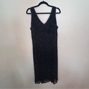 David’s Bridal Beaded Lace Evening Dress Size 14 Black Sleeveless V Neck Formal